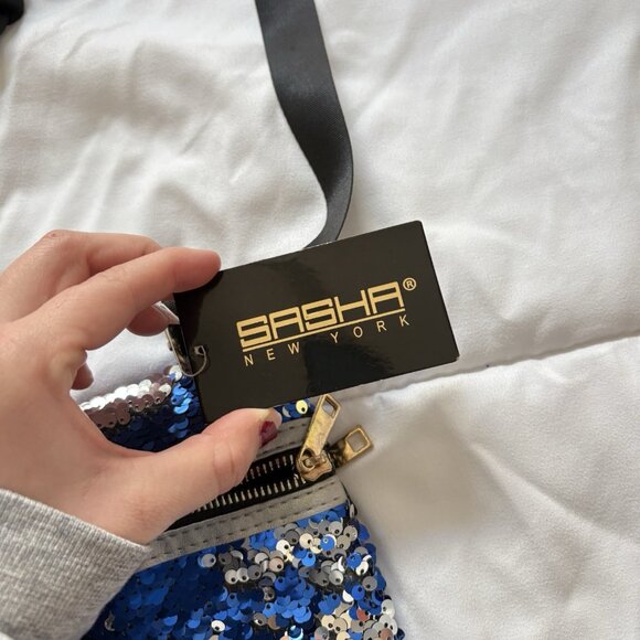 NWT Sasha New York Blue Silver Sequin Crossbody Purse Strap Black Club Party - Picture 4 of 8